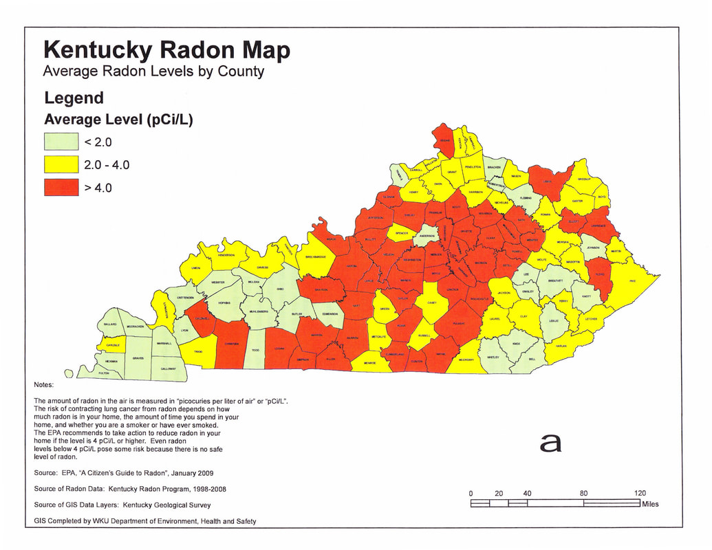 Map of radon levels for Kentucky. Radon levels are high in Fayette County