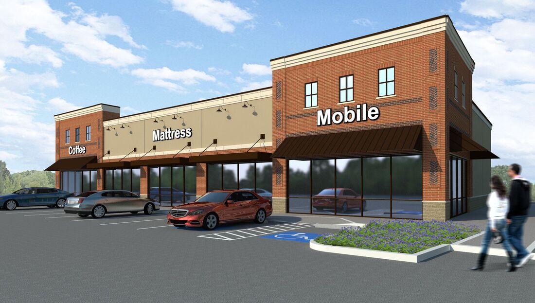 A rendering of a strip mall with commercial radon mitigation in Lexington KY